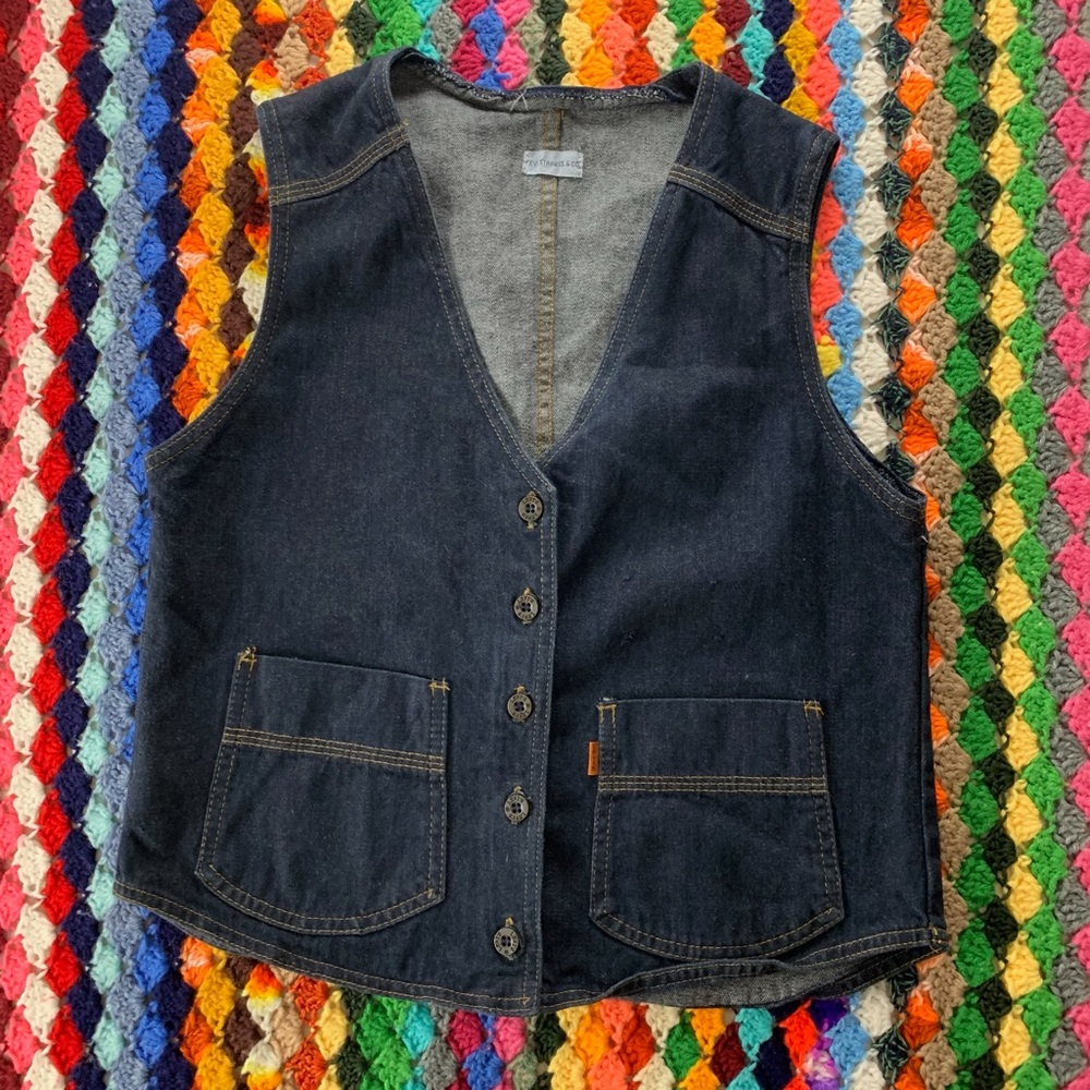 Vintage 1960s Levis Orange Tab Dark Wash Denim Pocket Vest Strauss & Com… - Picture 7 of 14